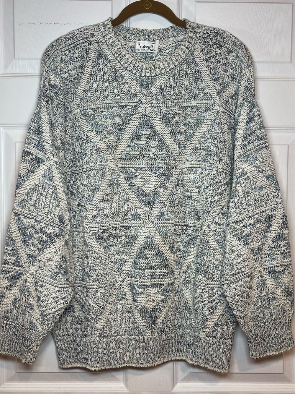 Vtg 90s Protege 3D Knit Sweater Mens M White Blue Coogi Style Cosby USA Made